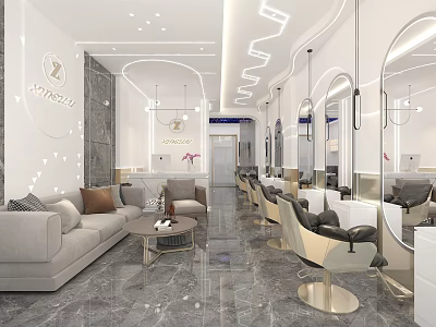 Modern Beauty Hair Salon Interior Design With Sofa Coffee Table Mirrors And Salon Chairs 3d model