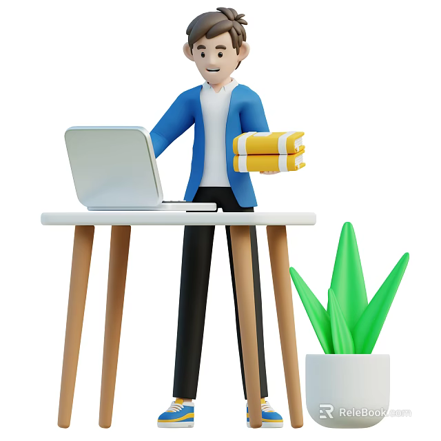 Man Holding Yellow Stacked Towels Next to White Table with Laptop and Green Potted Plant 3d model 