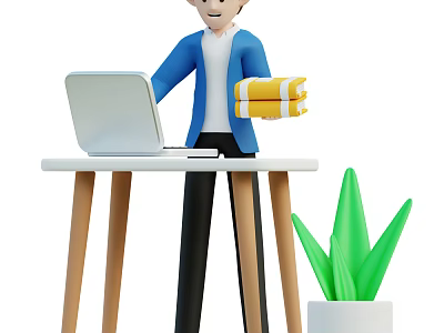 Man Holding Yellow Stacked Towels Next to White Table with Laptop and Green Potted Plant 3d model