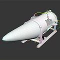 Military Missile With White Body Silver Ring Structure And Yellow Cables On Metal Mounting Stand