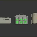 Different Industrial Containers With Green Recycling Bin Gray Control Box And Silver Cylinder