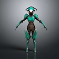 Game Movie Character With Green Armor Black Accents And Futuristic Horned Head Design