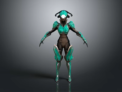 Game Movie Character With Green Armor Black Accents And Futuristic Horned Head Design 3d model