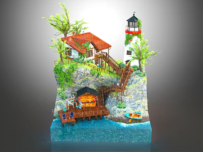 Cartoon Scene With Lighthouse Red Roof Cottage Cliff Trees Pier And Boat On Water 3d model