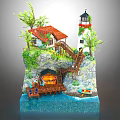 Cartoon Scene With Lighthouse Red Roof Cottage Cliff Trees Pier And Boat On Water