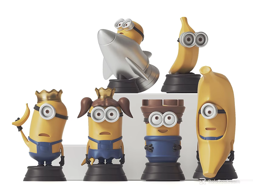 Cute Minion Dolls With Various Designs Including Crown Princess Dress Banana Shape And Rocket 3d model 