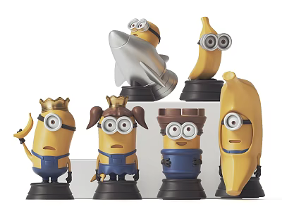 Cute Minion Dolls With Various Designs Including Crown Princess Dress Banana Shape And Rocket 3d model