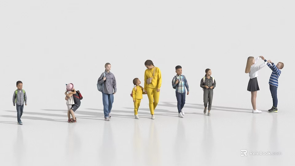 People of Different Ages Walking Together With Backpacks on White Background 3d model 