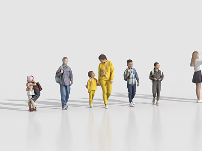 People of Different Ages Walking Together With Backpacks on White Background 3d model