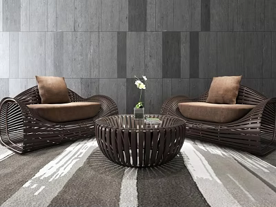 Rattan Outdoor Sofa With Brown Cushions Coffee Table And Decorative Vase 3d model