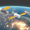 Orbiting Satellites and Space Station Modules Near Earth with Solar Panels