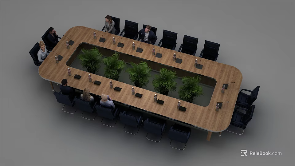 Oval Wooden Conference Table With Green Plants Black Chairs And Electronic Devices 3d model 