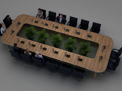 Oval Wooden Conference Table With Green Plants Black Chairs And Electronic Devices 3d model