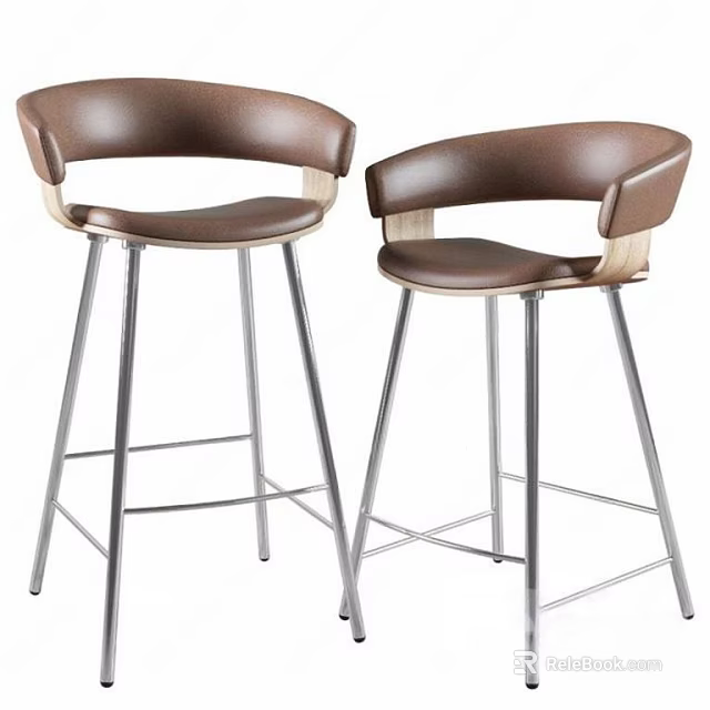 Modern Bar Stools With Brown Leather Seats Wooden Armrests And Metal Frames 3d model 