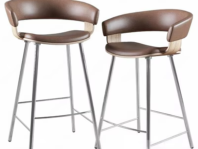 Modern Bar Stools With Brown Leather Seats Wooden Armrests And Metal Frames 3d model