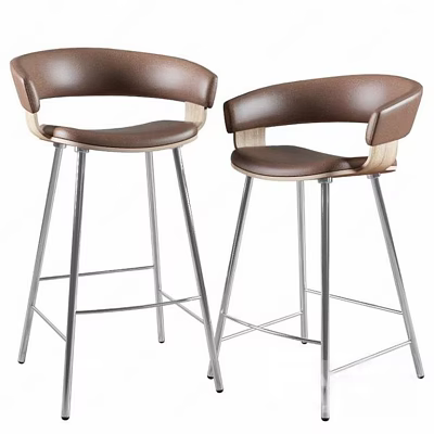 Modern Bar Stools With Brown Leather Seats Wooden Armrests And Metal Frames 3d model