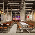 Modern Industrial Restaurant Interior With Long Tables Chairs Metal Pipe Ceiling And Wooden Partitions