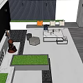 Modern Courtyard Garden With Trees Shrubs White Paving Seating Area And Decorative Lighting