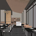 Elegant Modern Restaurant Interior Design With Wooden Ceiling Bar Counter Dining Tables And Lighting Fixtures