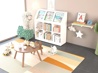 Kids Room Bookcase Displaying Books Toys Small Wooden Table And Colorful Rug 3d model