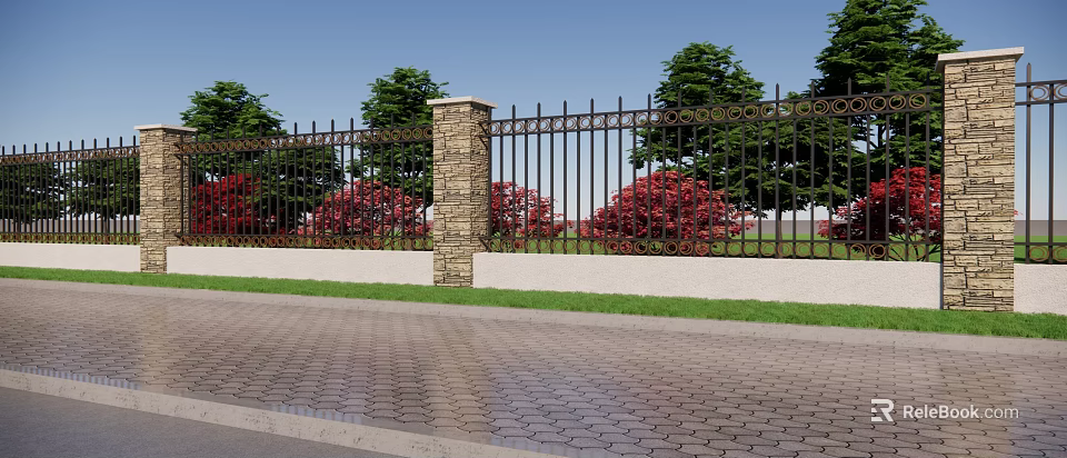 Building Exterior Wall With Black Iron Fence Stone Pillar Green Trees And Red Flower Bushes 3d model 