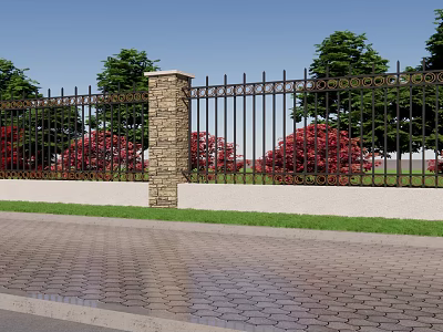 Building Exterior Wall With Black Iron Fence Stone Pillar Green Trees And Red Flower Bushes 3d model