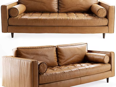 Modern Brown Leather Two Seater Sofa With Tufted Design Rounded Armrests And Black Tapered Legs 3d model