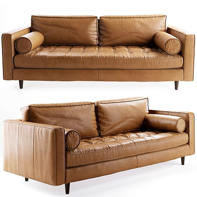 Modern Brown Leather Two Seater Sofa With Tufted Design Rounded Armrests And Black Tapered Legs 3d model