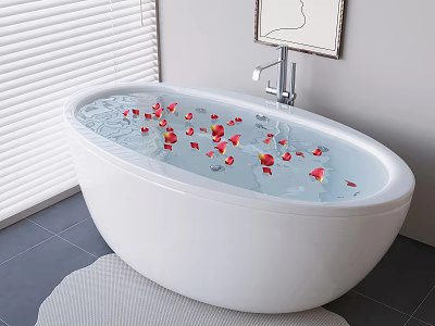 White Freestanding Bathtub with Water and Red Petals Near Window Blinds and Painting 3d model