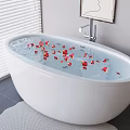 White Freestanding Bathtub with Water and Red Petals Near Window Blinds and Painting