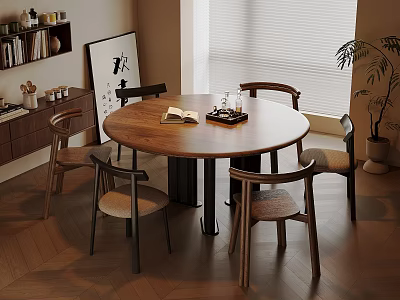 Modern Dining Space With Round Wooden Table Four Chairs Book Tray Bookshelf Artwork And Plant 3d model