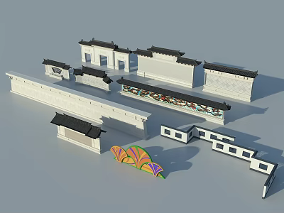 Chinese Traditional Scenic Wall With White Surfaces Black Tile Roofs And Colorful Decorations 3d model