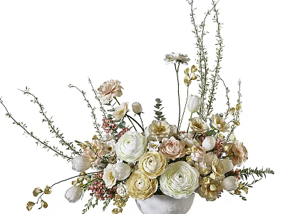 Elegant White Vase With Mixed Beige Pink And White Flowers For Home Decor 3d model