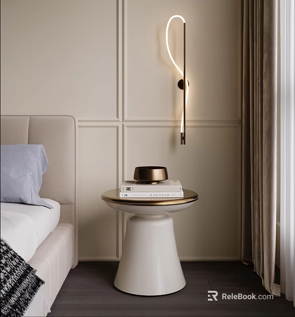Elegant Modern Bedside Table With Books Decorative Bowl Bed Pillow And Wall Design 3d model 
