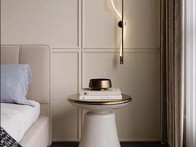 Elegant Modern Bedside Table With Books Decorative Bowl Bed Pillow And Wall Design 3d model