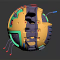 Futuristic Mechanical Creature Robotic Character With Spherical Design Vibrant Yellow Green Red Purple Tentacles