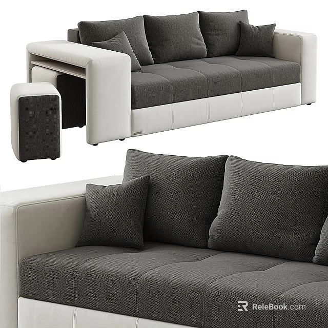 Modern Grey And White Multi Seater Sofa Design With Soft Cushions And Matching Footstool 3d model 