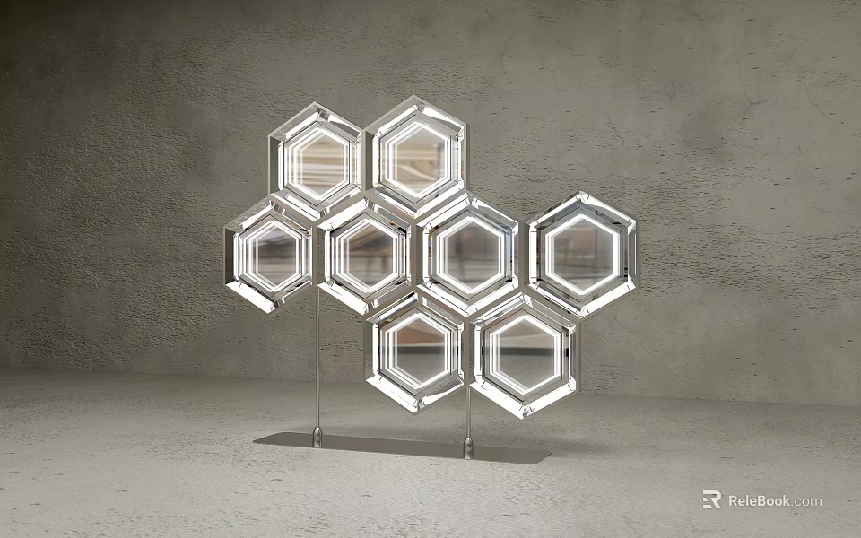 Transparent Hexagonal Display Units With Metal Frames On Grey Background And Concrete Floor 3d model 