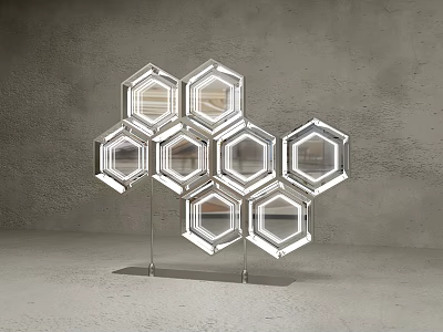 Transparent Hexagonal Display Units With Metal Frames On Grey Background And Concrete Floor 3d model