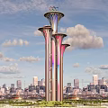 Illuminated Landscape Sculpture With Three Towers Olympic Rings And City Water Reflection
