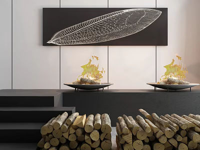Garden Decorative Ornaments With Leaf Artwork Golden Floral Displays And Stacked Wooden Logs 3d model