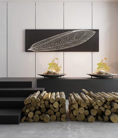 Garden Decorative Ornaments With Leaf Artwork Golden Floral Displays And Stacked Wooden Logs 3d model