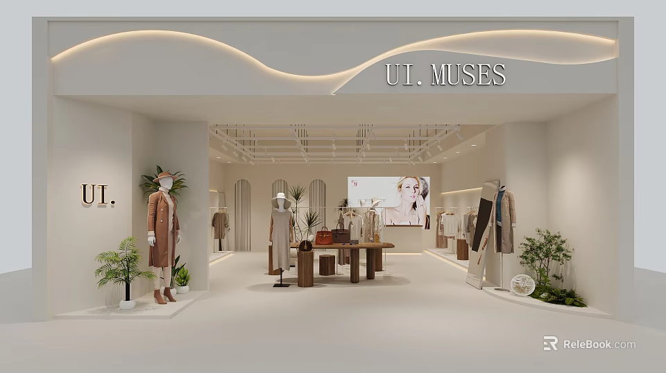 Elegant Modern Clothing Store Interior With Mannequins Clothing Racks Display Tables And Plants 3d model 