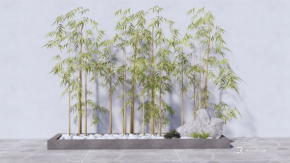 Tall Bamboo Grove Landscape Arrangement With White Pebbles And Gray Background 3d model 
