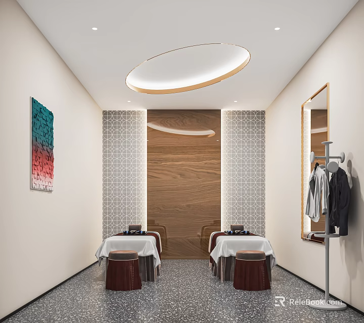 Modern SPA Sauna Interior With Wooden Wall Geometric Tiles Tables Stools And Circular Ceiling Light 3d model 