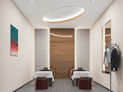 Modern SPA Sauna Interior With Wooden Wall Geometric Tiles Tables Stools And Circular Ceiling Light 3d model