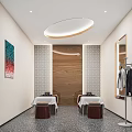Modern SPA Sauna Interior With Wooden Wall Geometric Tiles Tables Stools And Circular Ceiling Light