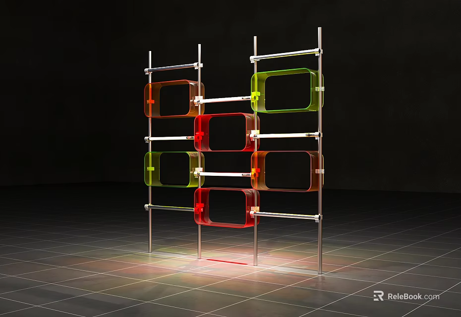 Modern Colorful Transparent Panel Shelving With Metal Frame And Grid Floor 3d model 