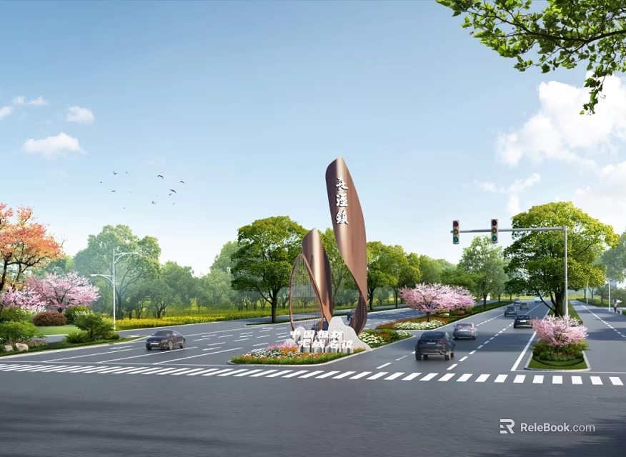 Scenic Spiritual Fortress at Road Intersection with Greenery Cherry Blossoms Traffic Lights and Vehicles 3d model 