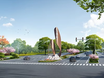Scenic Spiritual Fortress at Road Intersection with Greenery Cherry Blossoms Traffic Lights and Vehicles 3d model